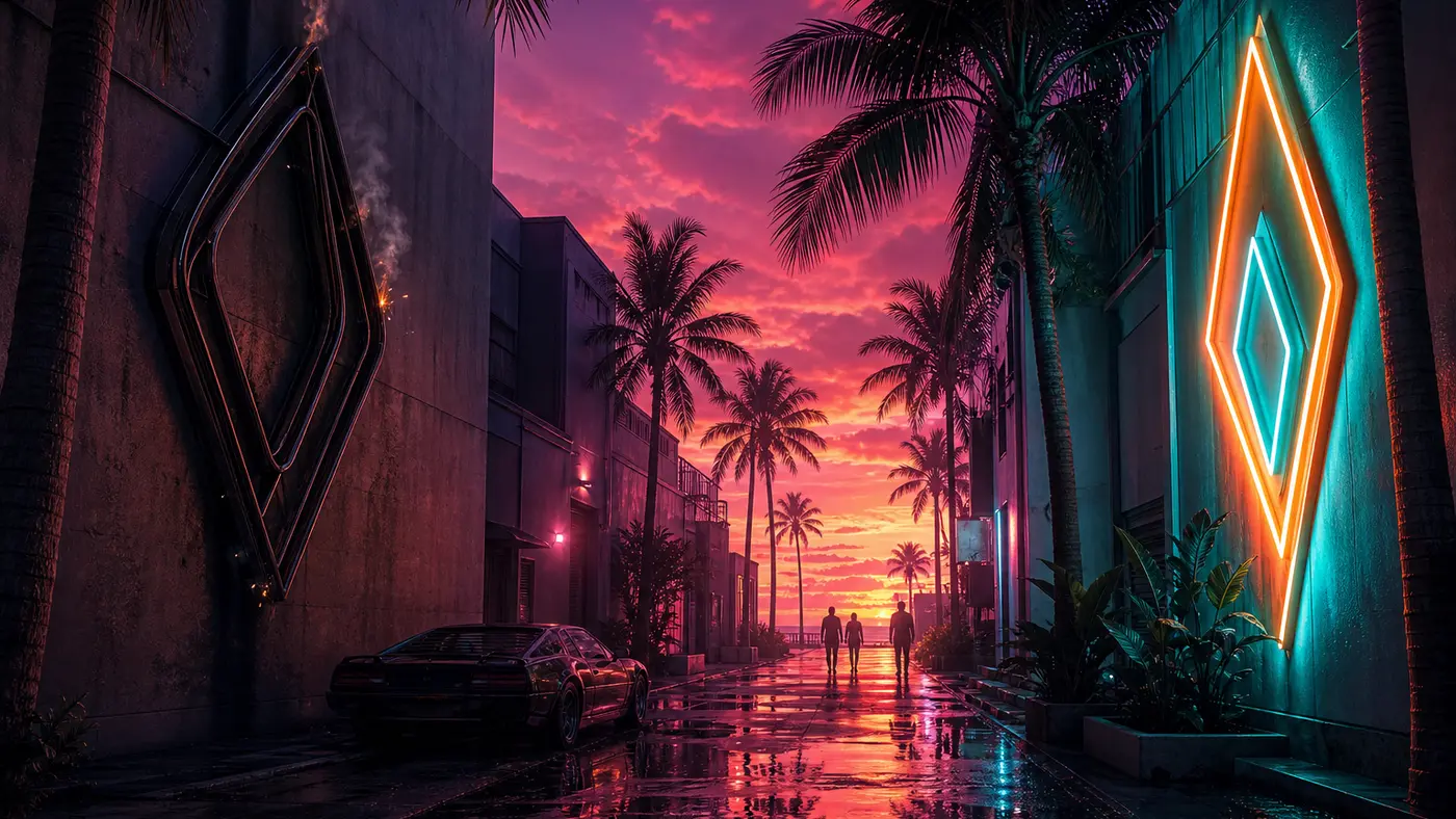 Nighttime illustration: a back alley in a neon-soaked coastal city, a dead, flickering storefront sign facing a brightly lit one, Vice City vibes