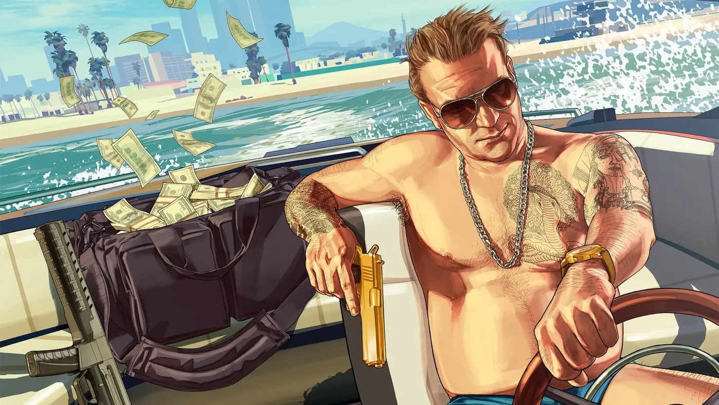 Official GTA V artwork: a tattooed man in sunglasses pilots a speedboat, a duffel bag overflowing with cash beside him, bills flying off over the water