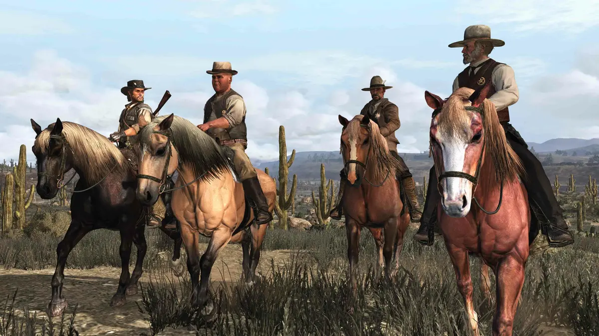 Four riders, including an older man wearing a sheriff's star, ride side by side across a plain dotted with cacti