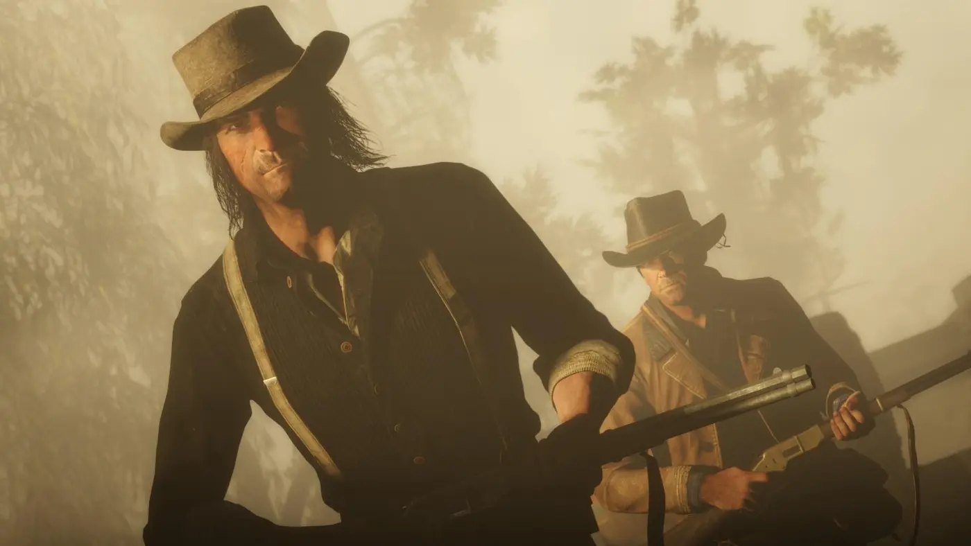Two outlaws from the Van der Linde gang, hats on and a lever-action rifle in hand, in the hazy golden light of late day in Red Dead Redemption 2