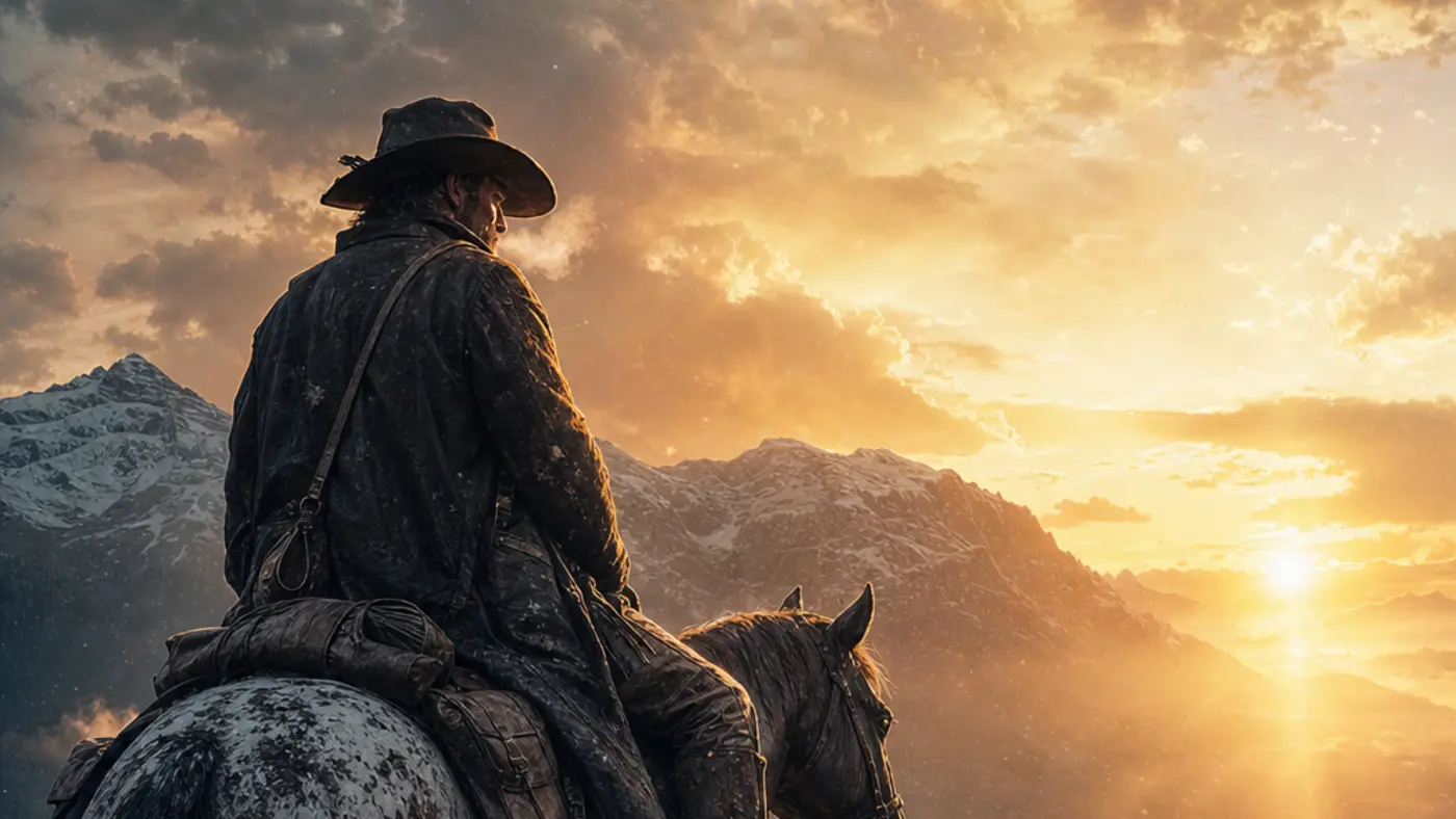 Cinematic western-style illustration: a lone outlaw rider, seen from behind on his horse, watches a golden sunset over snowcapped mountains, with haze and dust hanging in the air