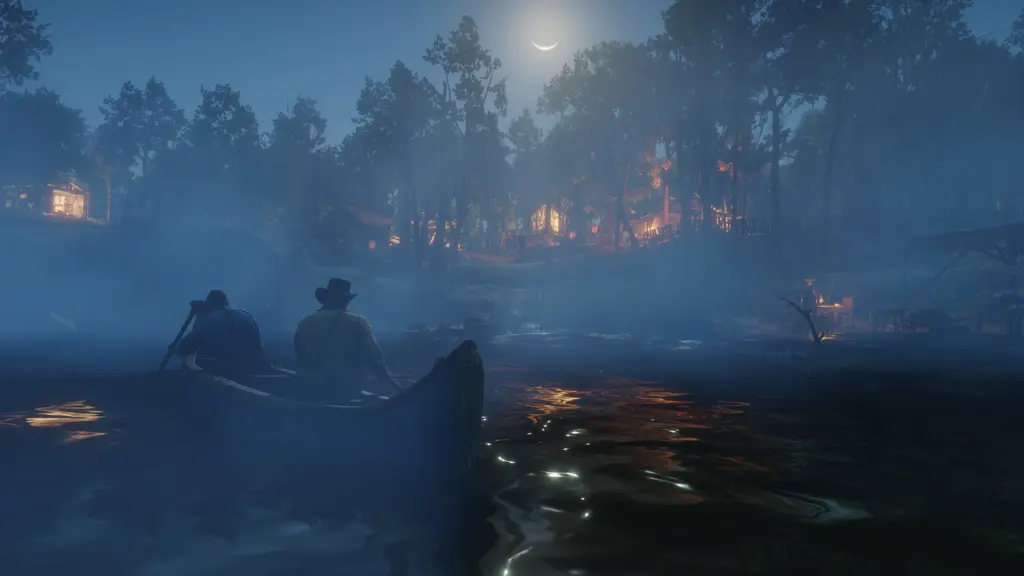 Two men paddle a canoe through a misty swamp by moonlight in Red Dead Redemption 2, lamp-lit shacks on the bank