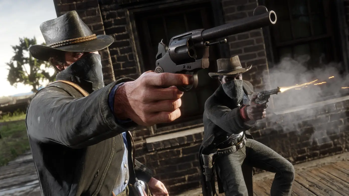 Two gunmen firing revolvers in Red Dead Redemption 2, one caught mid muzzle-flash on a wooden porch