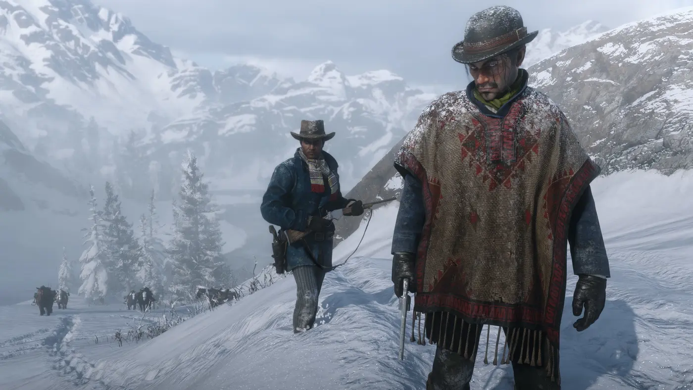 Arthur Morgan in a woven poncho leading a horse through deep snow in Red Dead Redemption 2, a posse trailing behind