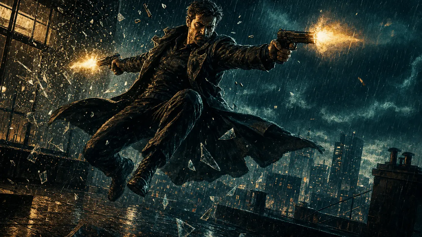Neon-noir illustration: an antihero in a trench coat mid bullet-time dive, firing two pistols in the rain, shards of glass and muzzle flashes in slow motion, a rooftop at night, amber and cyan lights