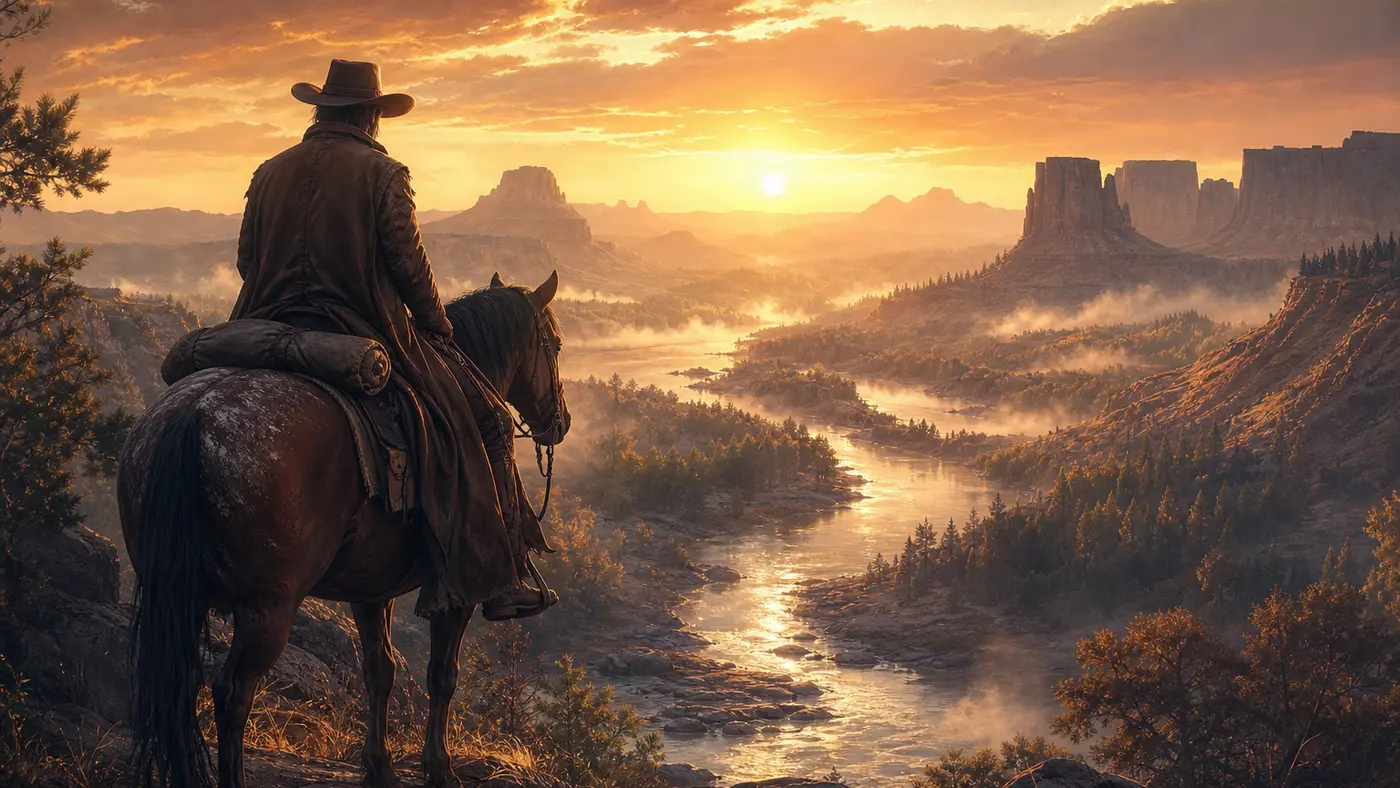 Western-poster-style illustration: a lone outlaw in a long coat, on horseback at golden dawn along a misty valley, mesas and pine ridges in the distance