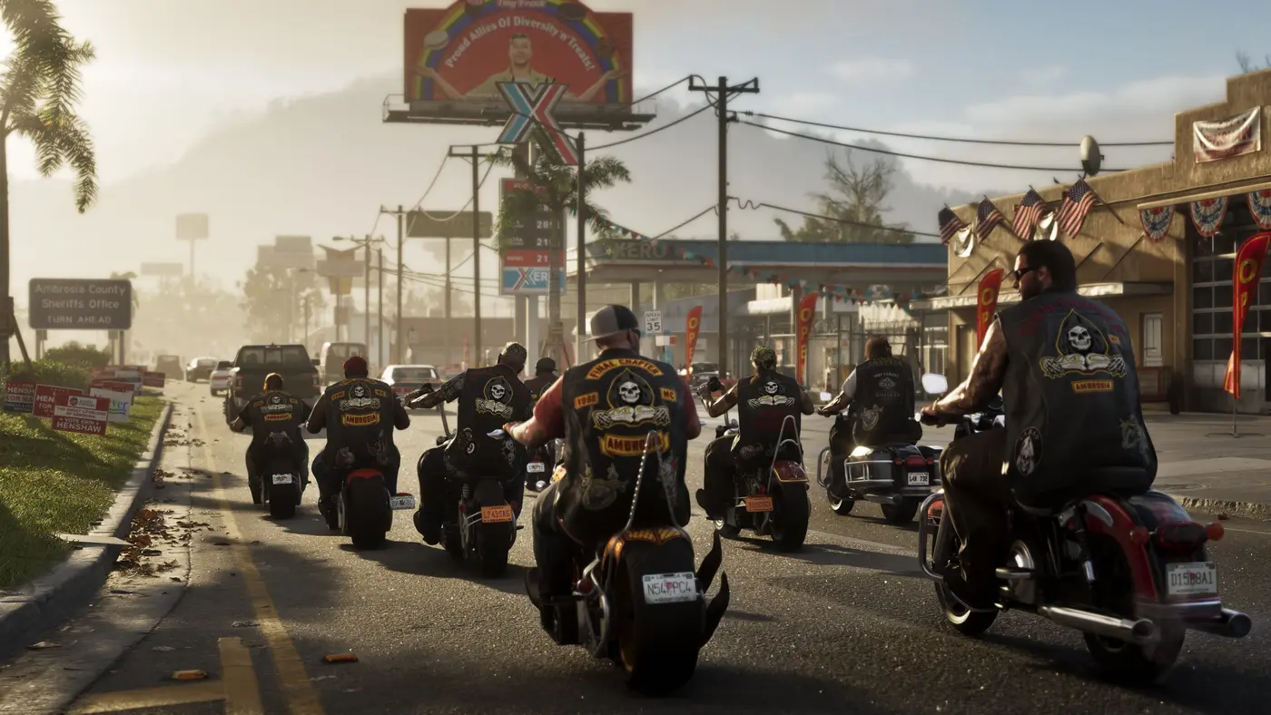 A biker gang rides down a sunny commercial road in the state of Leonida in GTA VI, a gas station and billboards in the background