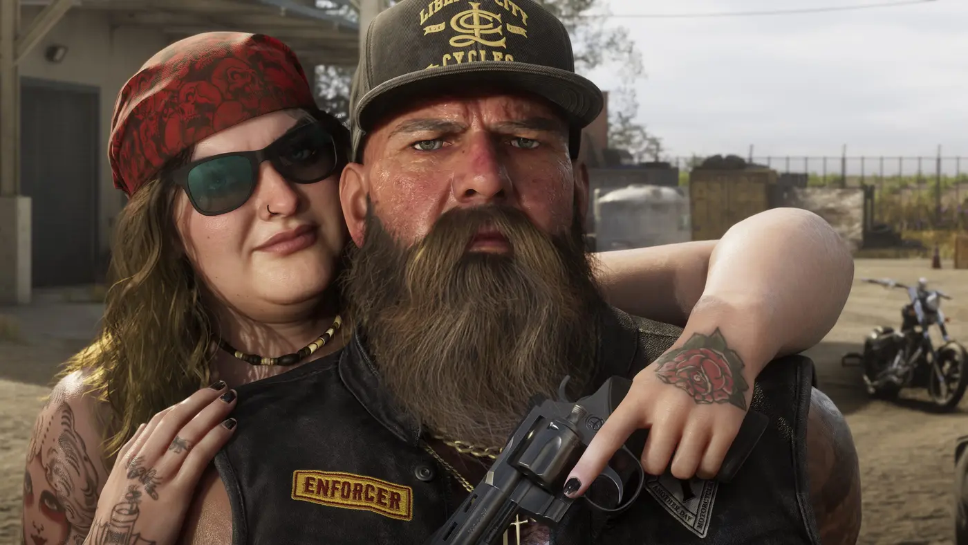 Close-up of two GTA 6 bikers, extreme detail on the skin, beard and tattoos