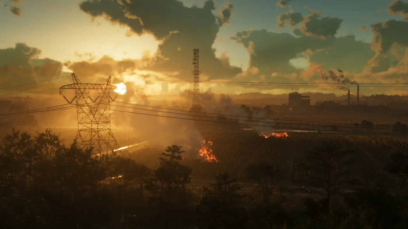 A golden sunset over farmland in the Ambrosia region: a power pylon, an antenna, smoke and a distant field fire in GTA VI