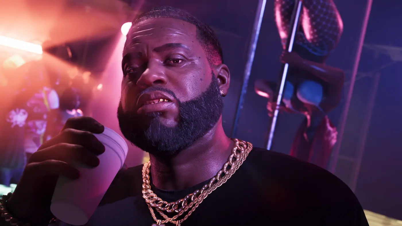 Close-up of a bearded man wearing thick gold chains in a GTA 6 club, face lit by pink and purple neon, skin and beard grain rendered in fine detail, a blurred dancer in the background