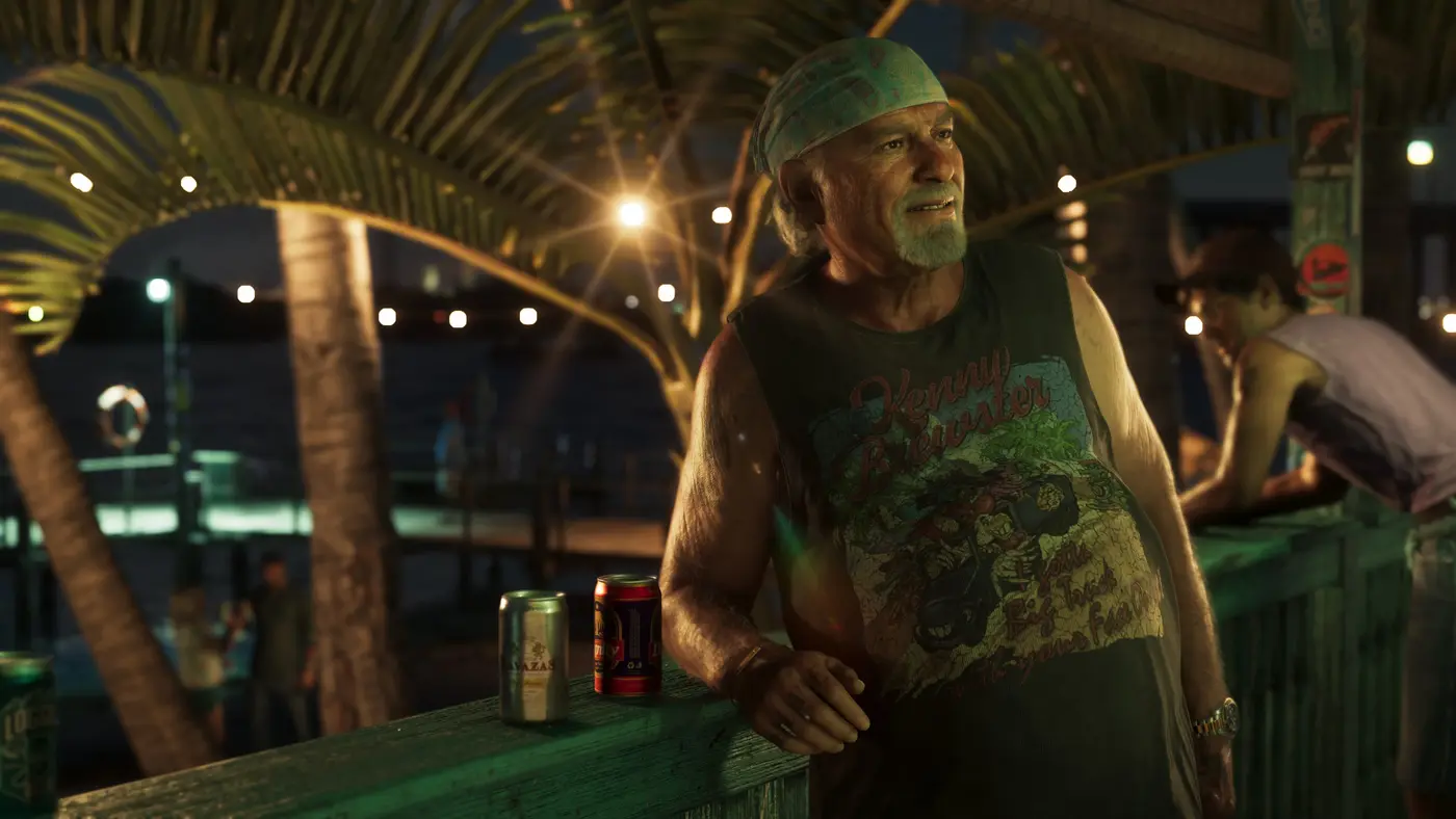 Older man in a tank top and bandana leaning on the wooden railing of a beach bar at dusk in GTA 6, lit palm trees, a waterfront dotted with string lights and NPCs stretching to the horizon