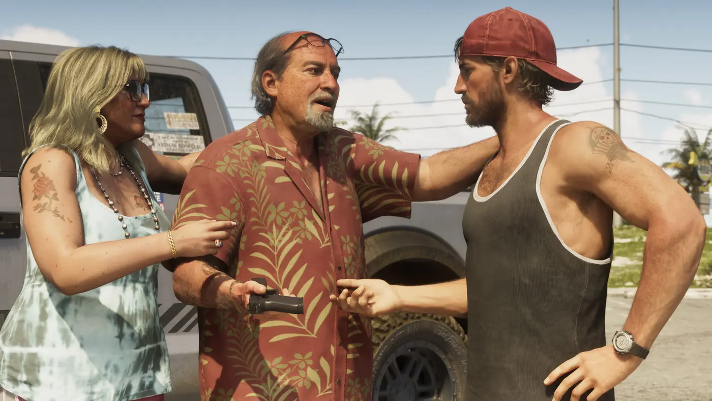 GTA VI screenshot: a tense confrontation on a sunny Leonida street, a man in a Hawaiian shirt holding a pistol, flanked by two people near a white pickup truck, palm trees in the background