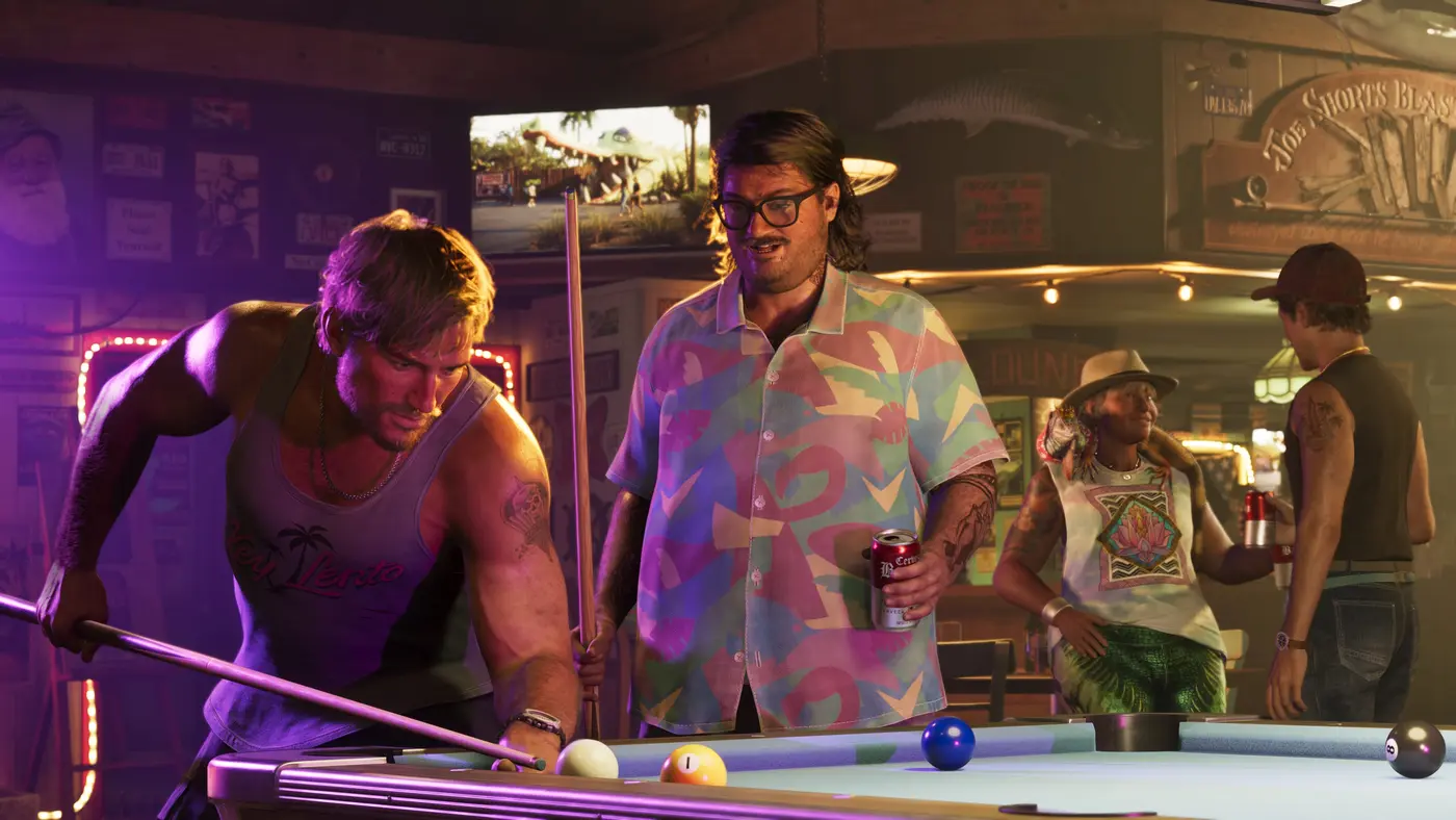 Inside a Vice City bar in GTA 6: two men at a pool table, one leaning in to take a shot in a tank top, the other in a pastel shirt with a can in hand, glowing signs and other patrons in the background