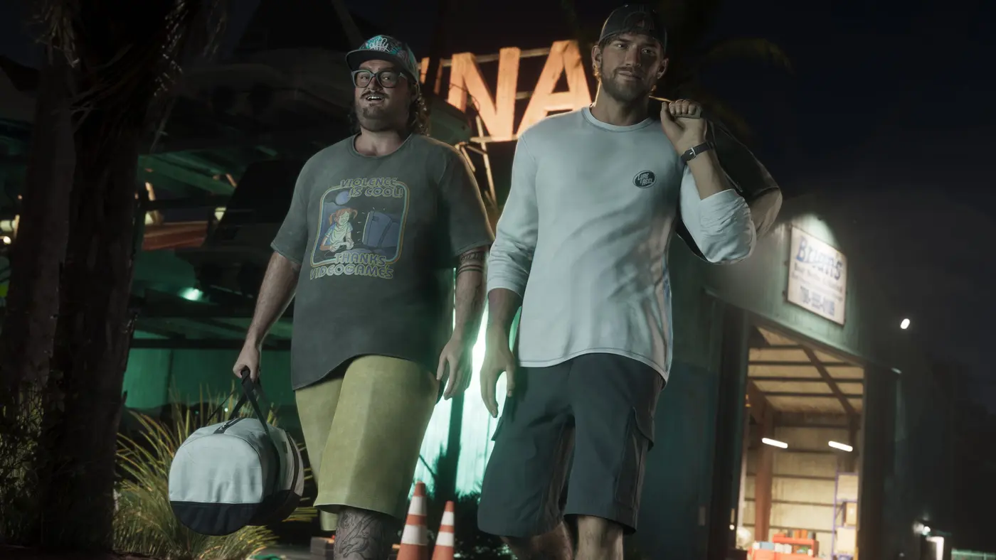 Two men walking away from a marina at night, one in glasses and a cap carrying a gym bag, the other taller in a light top, beneath a neon sign, in the atmosphere of the Leonida Keys