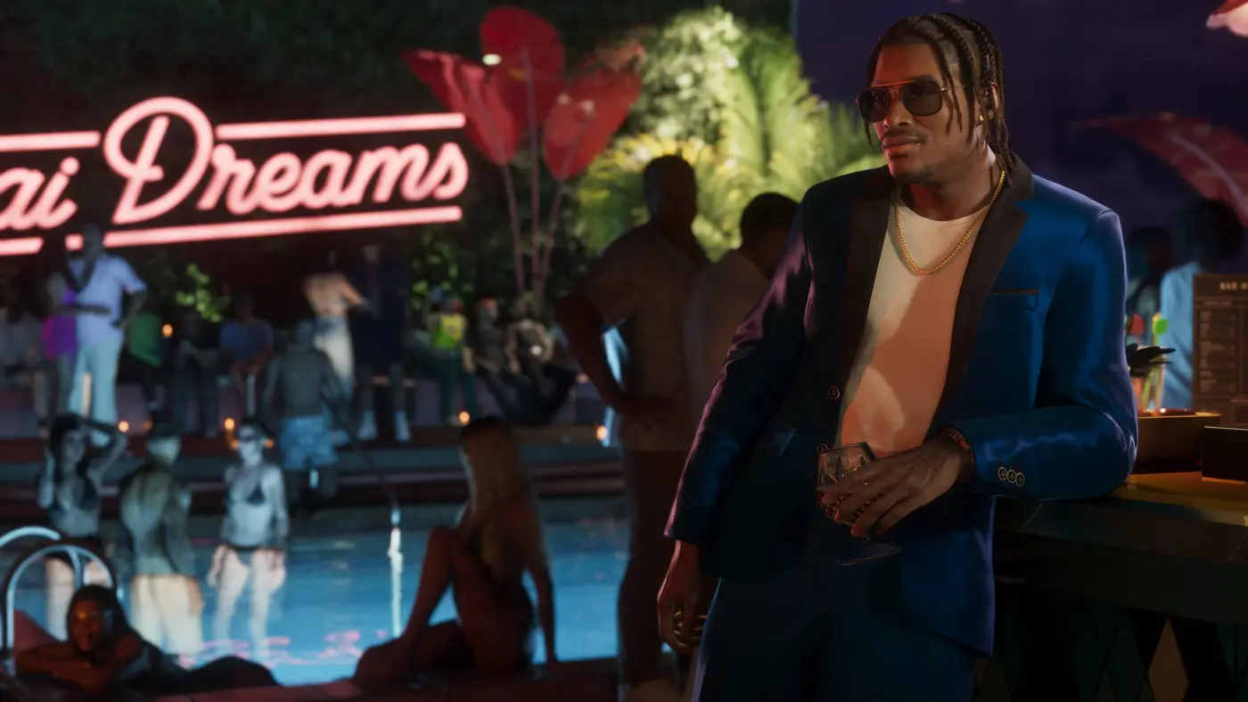 Man in a blue suit and sunglasses at a nighttime poolside party in GTA 6, pink neon sign in the background, a crowd of lit characters around the pool reflected in the water
