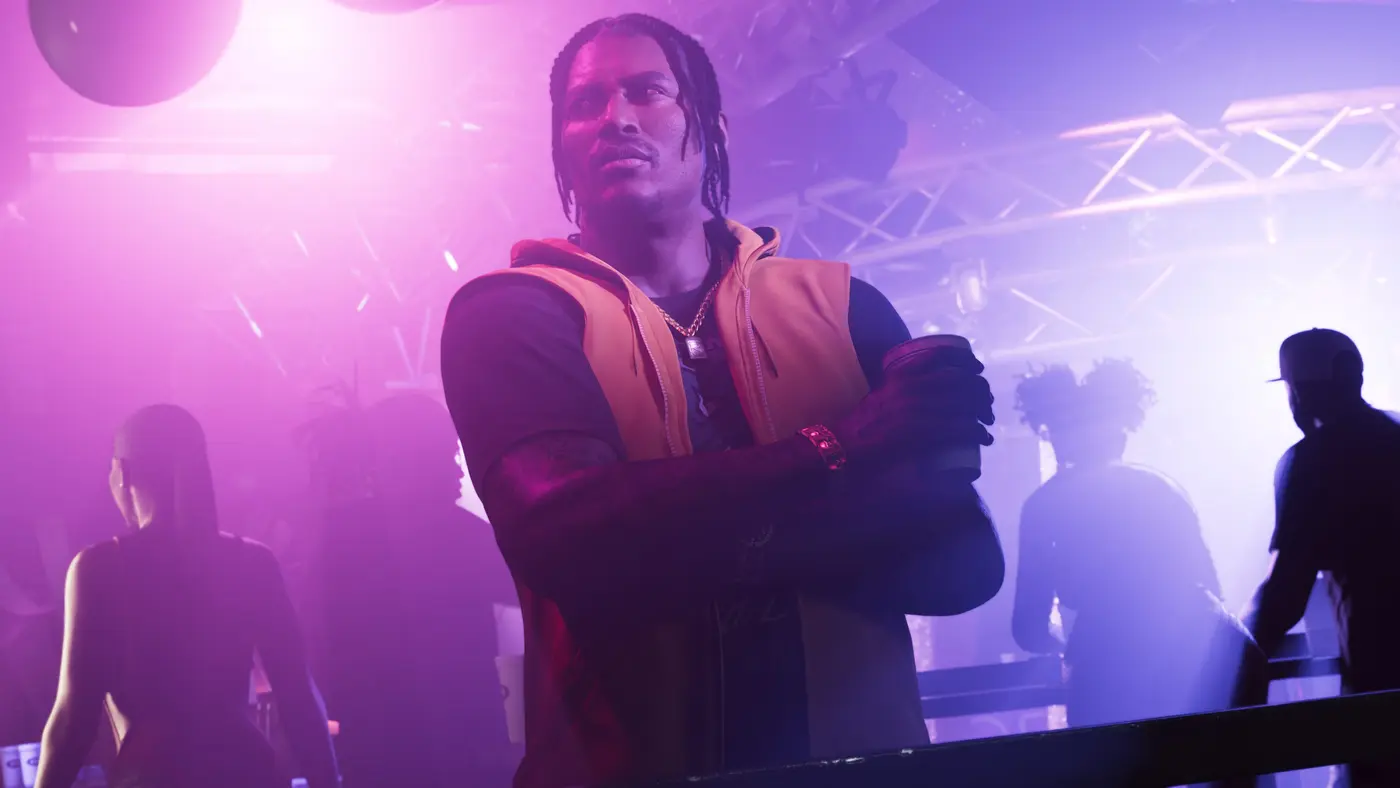 A GTA 6 character seen head-on in a nightclub bathed in pink and purple neon, a halo of volumetric light and backlit dancers in the background