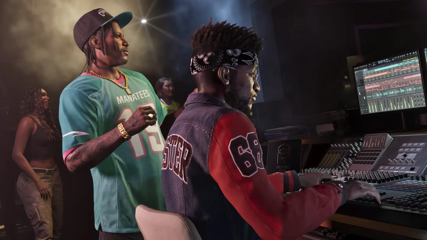 GTA VI screenshot: two men in a Leonida recording studio, one standing, the other seated at a large mixing console with screens showing audio tracks