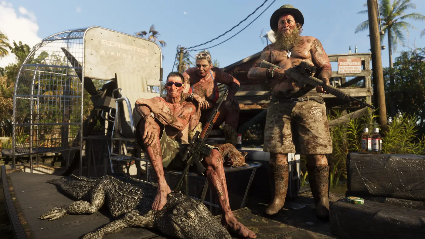 Three mud-covered characters posing with rifles and an alligator on an airboat dock in the GTA 6 swamps