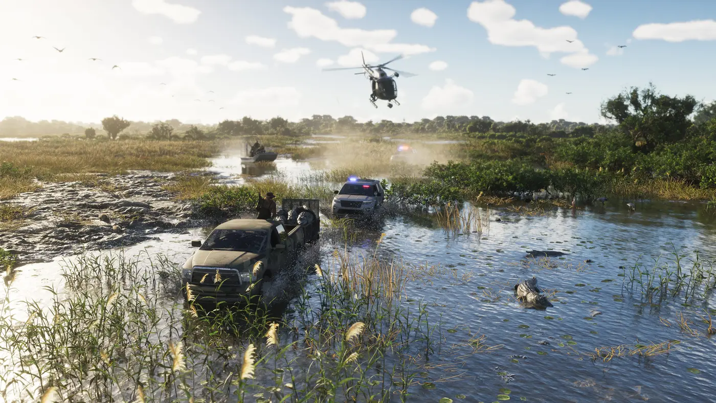 A chase through the Grassrivers wetlands: a helicopter flies low over off-road vehicles tearing through the water, aquatic wildlife around, in GTA VI