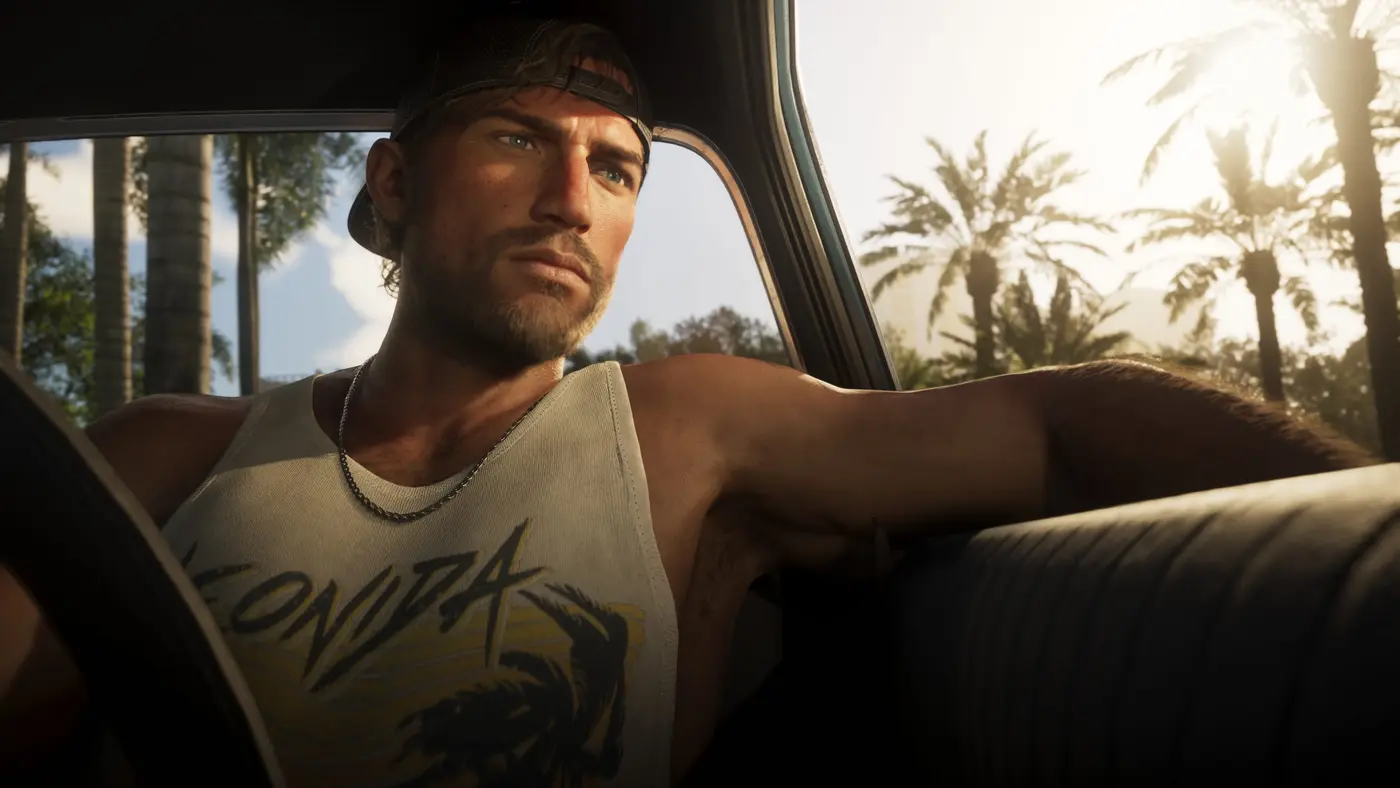 Jason Duval, GTA VI protagonist, at the wheel of a car, official Rockstar image