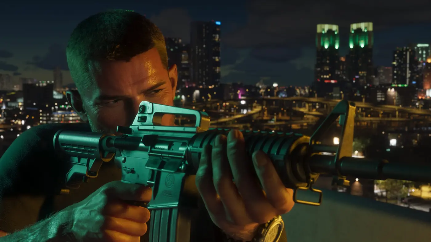 Jason, one of GTA 6's two protagonists, shouldering an AR-15-style assault rifle at night, city lights in the background
