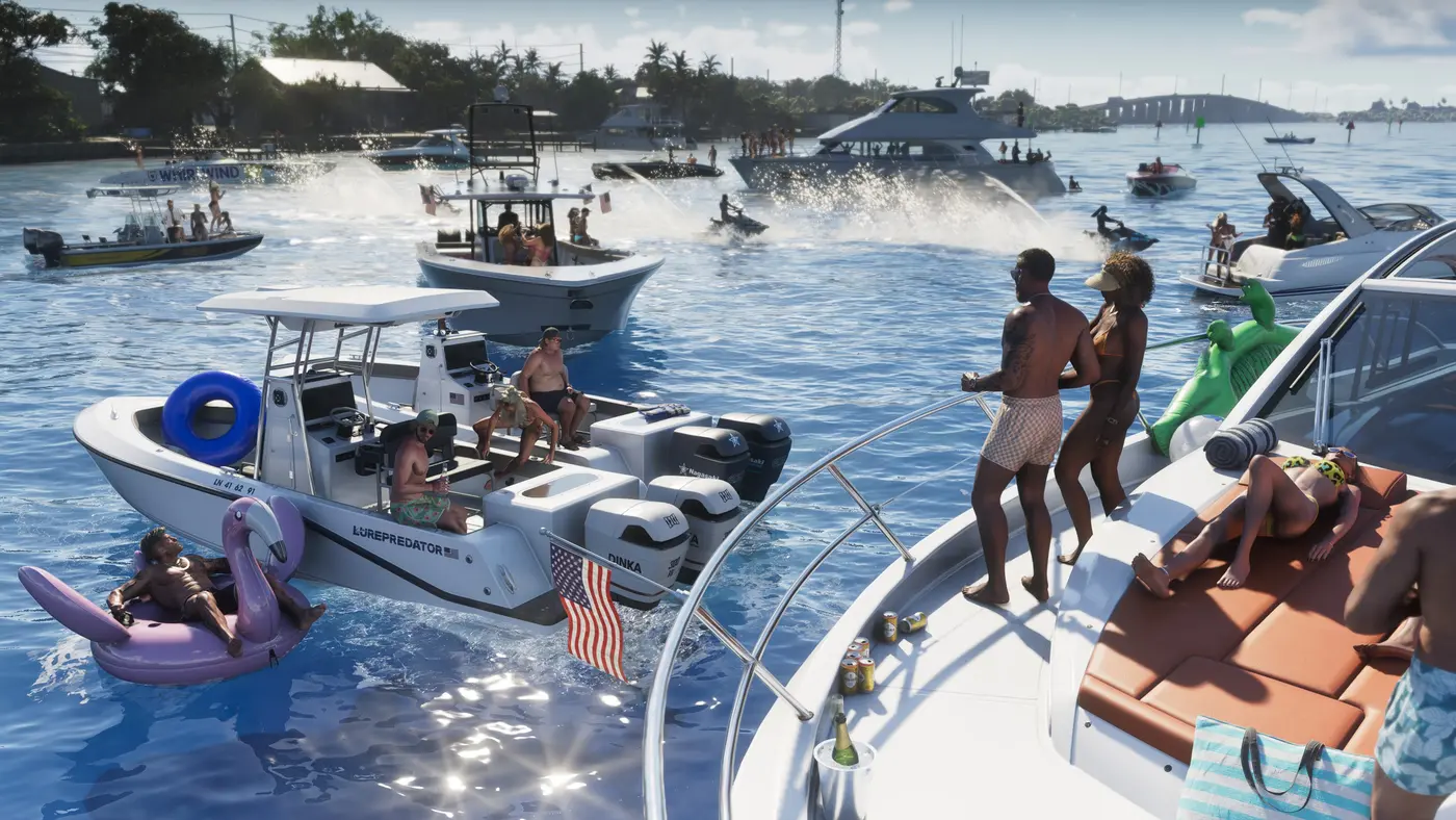 A boat party in the Leonida Keys of GTA VI: a yacht and speedboats gathered on turquoise water, a swimmer on a pink flamingo float, a long bridge spanning the channel in the distance