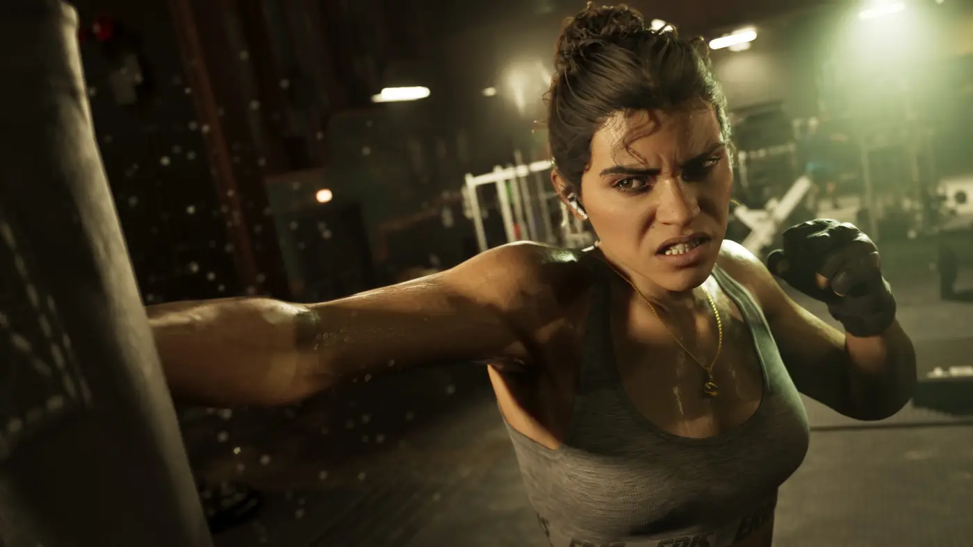 Lucia Caminos in GTA VI, in a tank top and fingerless gloves, fierce-faced, hitting a heavy bag in a dark, neon-lit gym