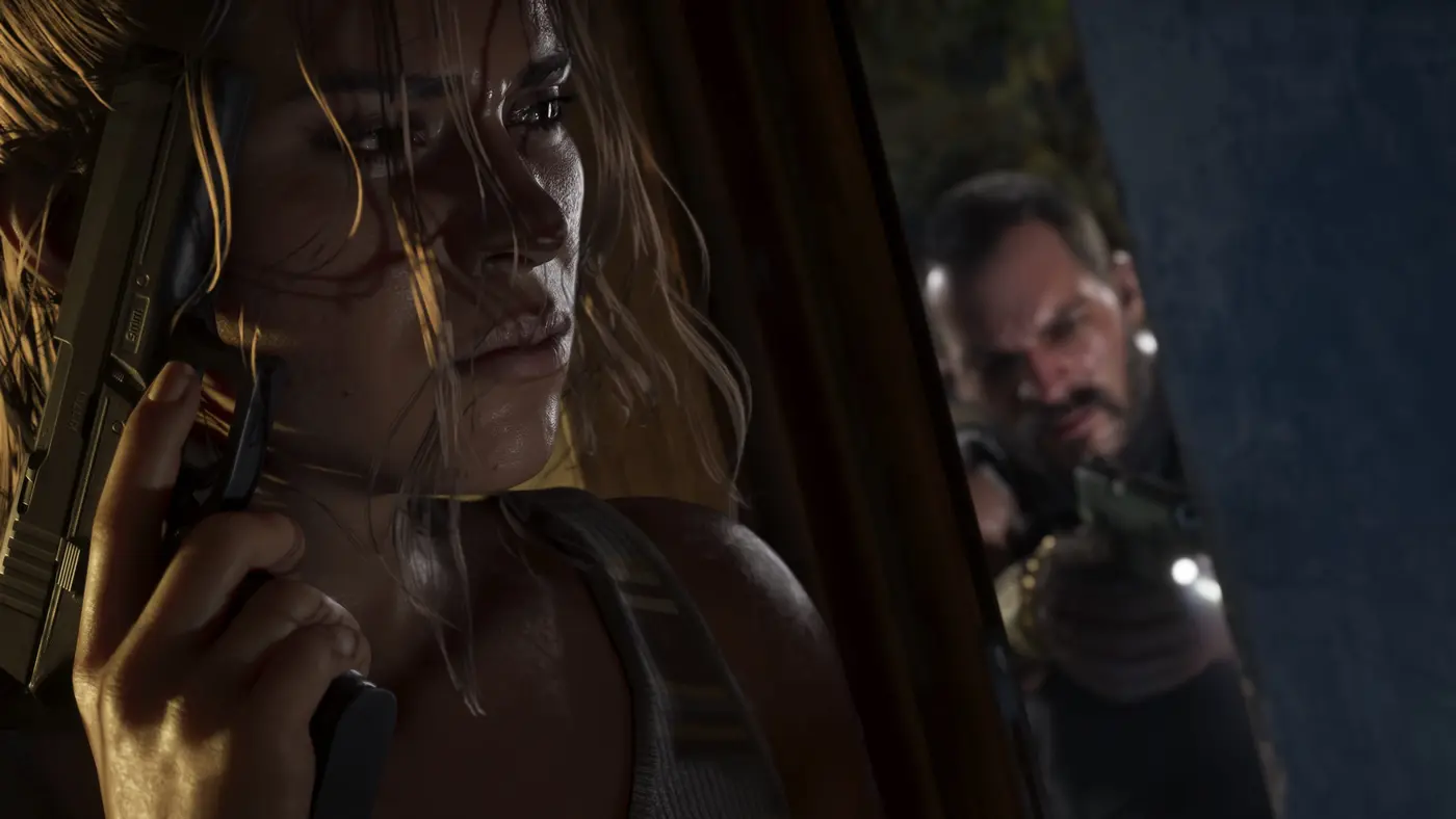 Lucia Caminos, hair wet, a pistol held close to her face in a tense nighttime scene, an armed man with a flashlight emerging in the background