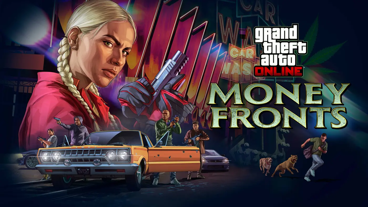 Official Money Fronts key art for GTA Online: a blonde woman with braids, armed characters, a lowrider and a neon car wash, with the Grand Theft Auto Online Money Fronts logo