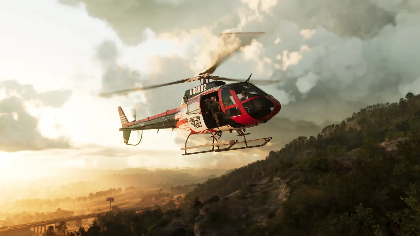 News chopper flying over Leonida's wooded hills at sunset in GTA 6