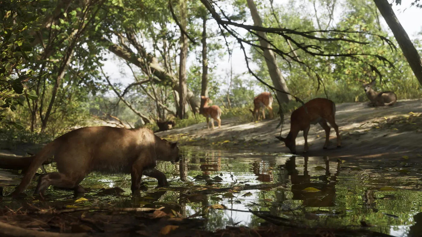 Streamside undergrowth at Mount Kalaga in GTA VI: a tawny Florida panther crosses the shallow water in the foreground while three deer graze and rest on the sunlit bank in the background