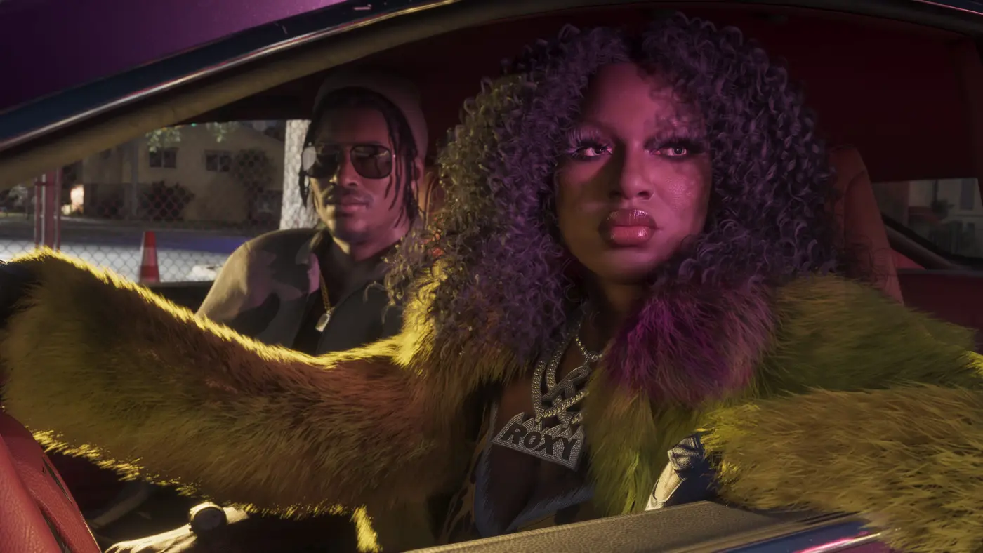Two GTA 6 characters in a car at night, a man with sunglasses and dreadlocks at the wheel, a woman with voluminous curly hair lit in purple, a fur coat and a ROXY diamond necklace, a residential street behind them