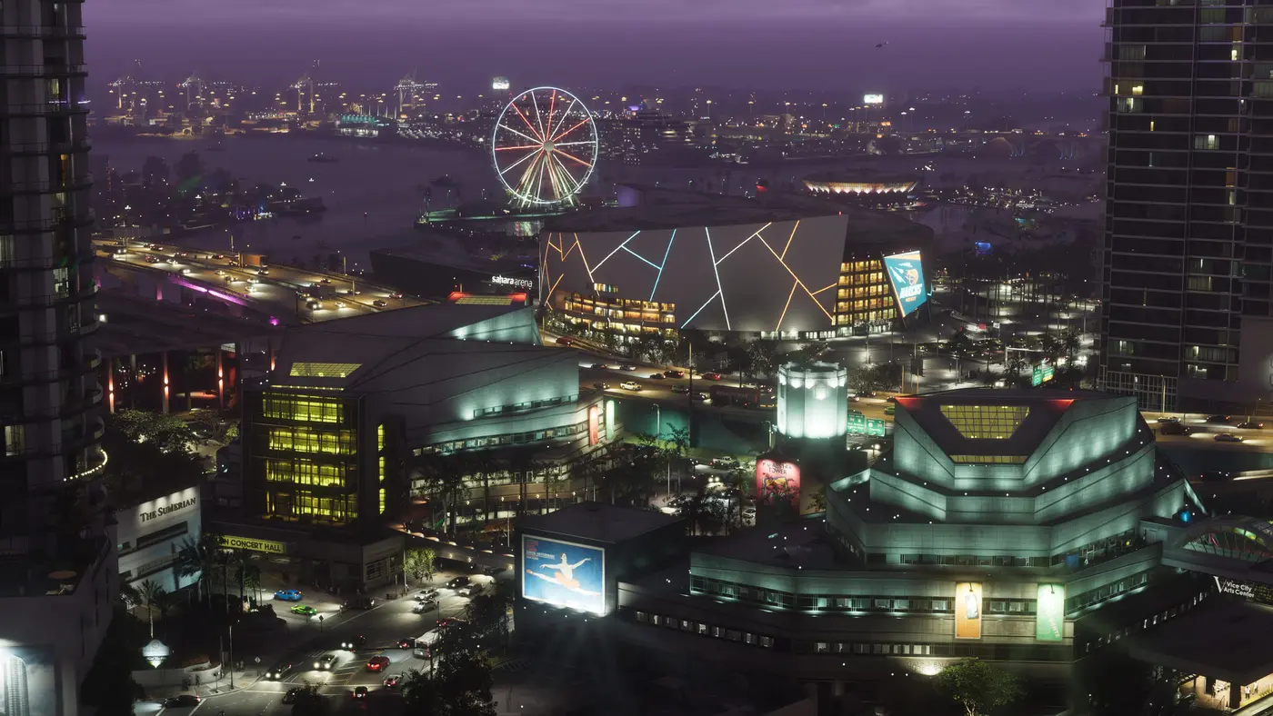 Aerial night view of downtown Vice City in GTA 6: glowing skyscrapers, a waterfront Ferris wheel, the Sahara arena, and a shimmering shoreline under a purple sky