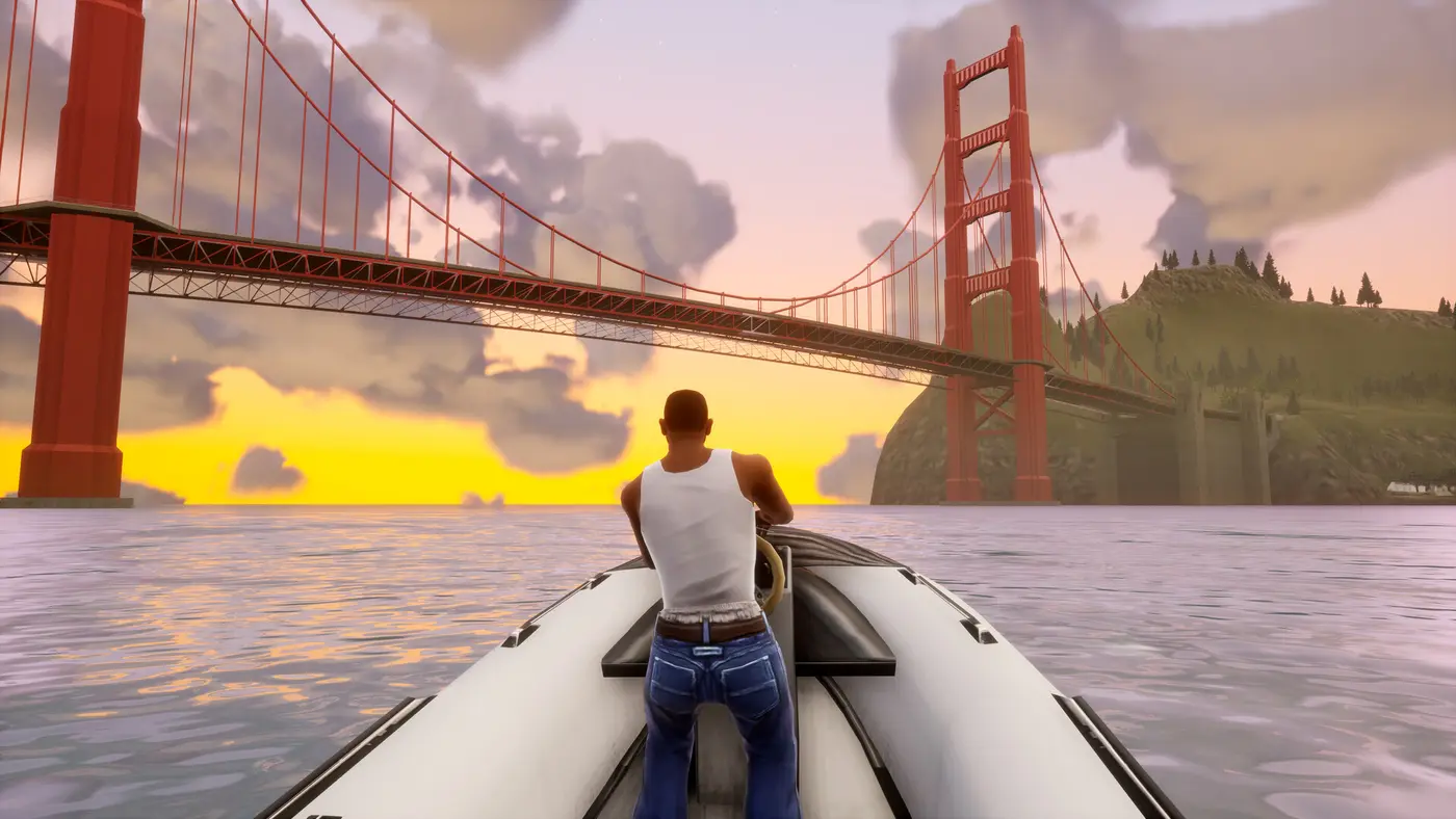 Screenshot from GTA San Andreas Definitive Edition: Carl Johnson on an inflatable boat facing the Gant Bridge, San Fierro's big red suspension bridge modeled on the Golden Gate, at sunset