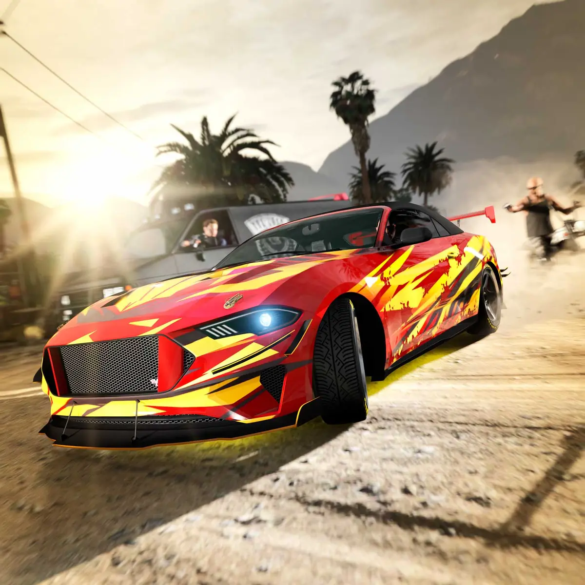 Finale of a Salvage Yard robbery: a red-and-yellow muscle car flees down a dusty road while a gunman sprays fire from a van and a biker gives chase, low sun