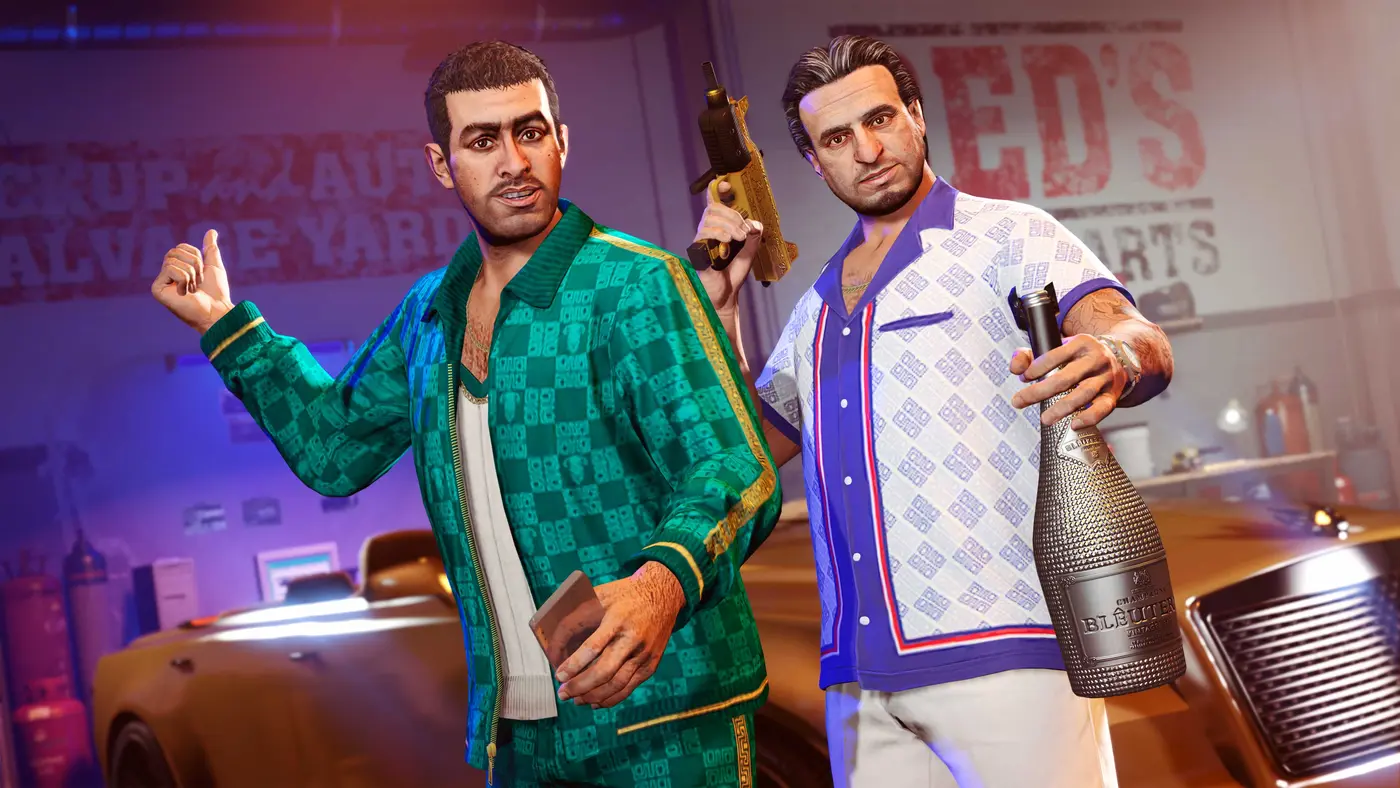 Yusuf Amir, in a patterned shirt with a bottle of champagne in hand, poses next to his cousin Jamal in a green tracksuit brandishing a gold submachine gun, in front of the Red's sign and a gold car in the yard
