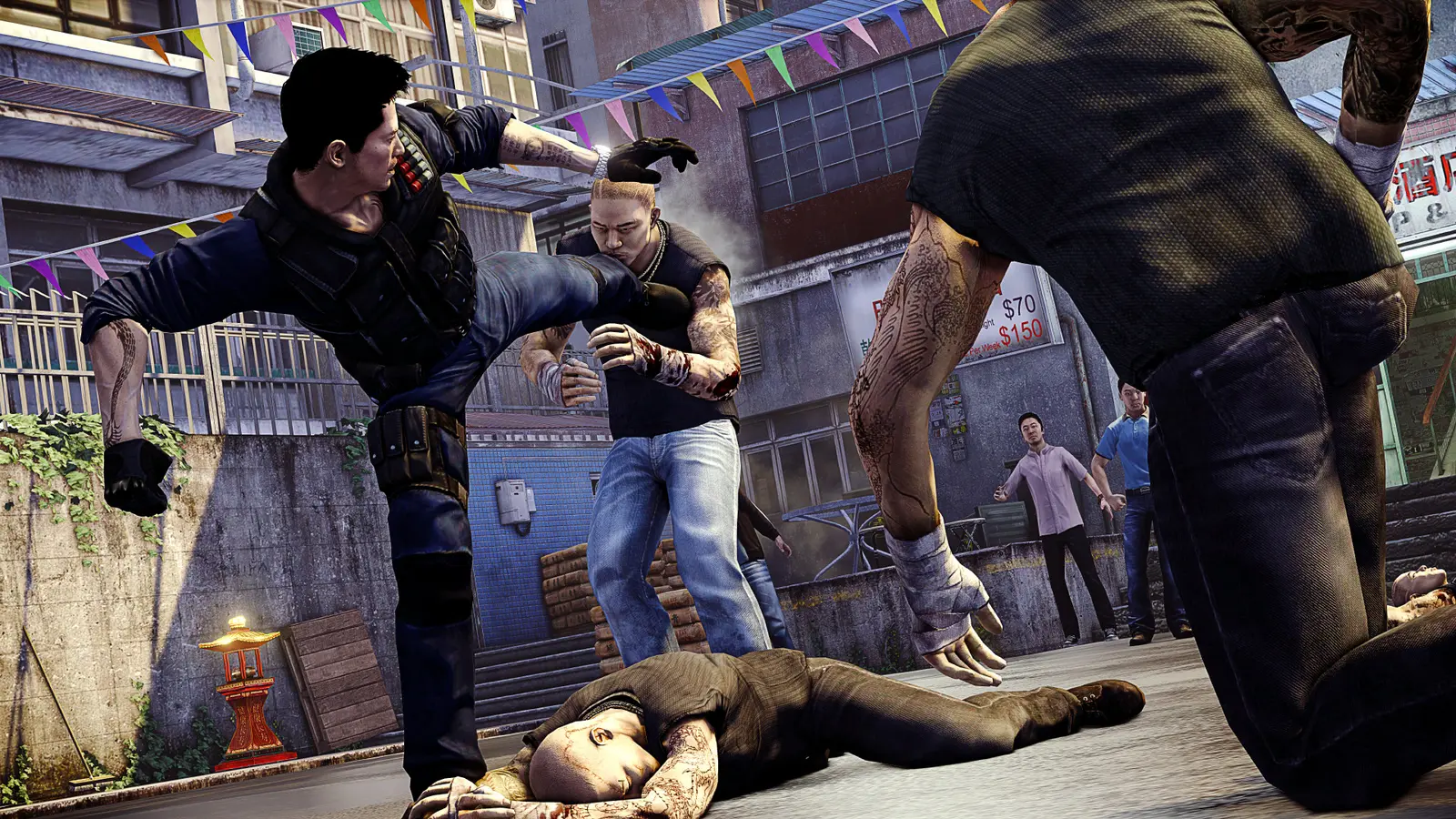Wei Shen in a tactical vest lands a roundhouse kick on tattooed gang members in a Hong Kong alley in broad daylight, one opponent on the ground, official Sleeping Dogs screenshot