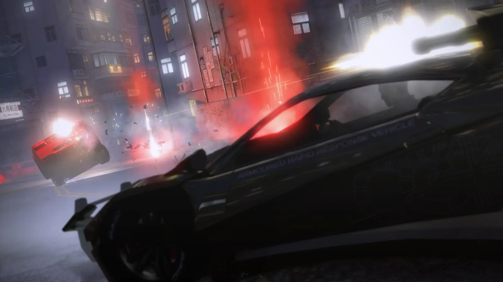 Nighttime chase in Sleeping Dogs, an armored police vehicle opens fire on a car that erupts in showers of sparks on a Hong Kong street, official screenshot