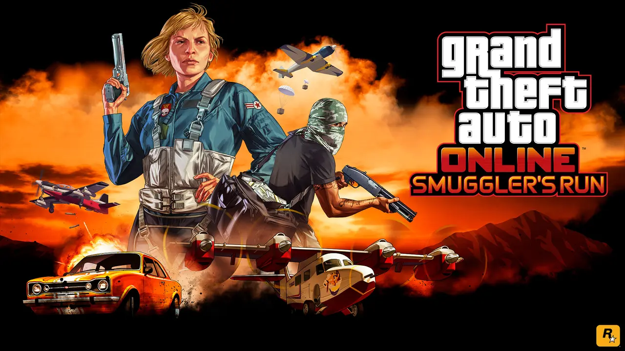 Official GTA Online: Smuggler's Run artwork: a blonde pilot holds a pistol, a masked man holds a shotgun, and planes airdrop crates by parachute above a getaway car under an orange sky