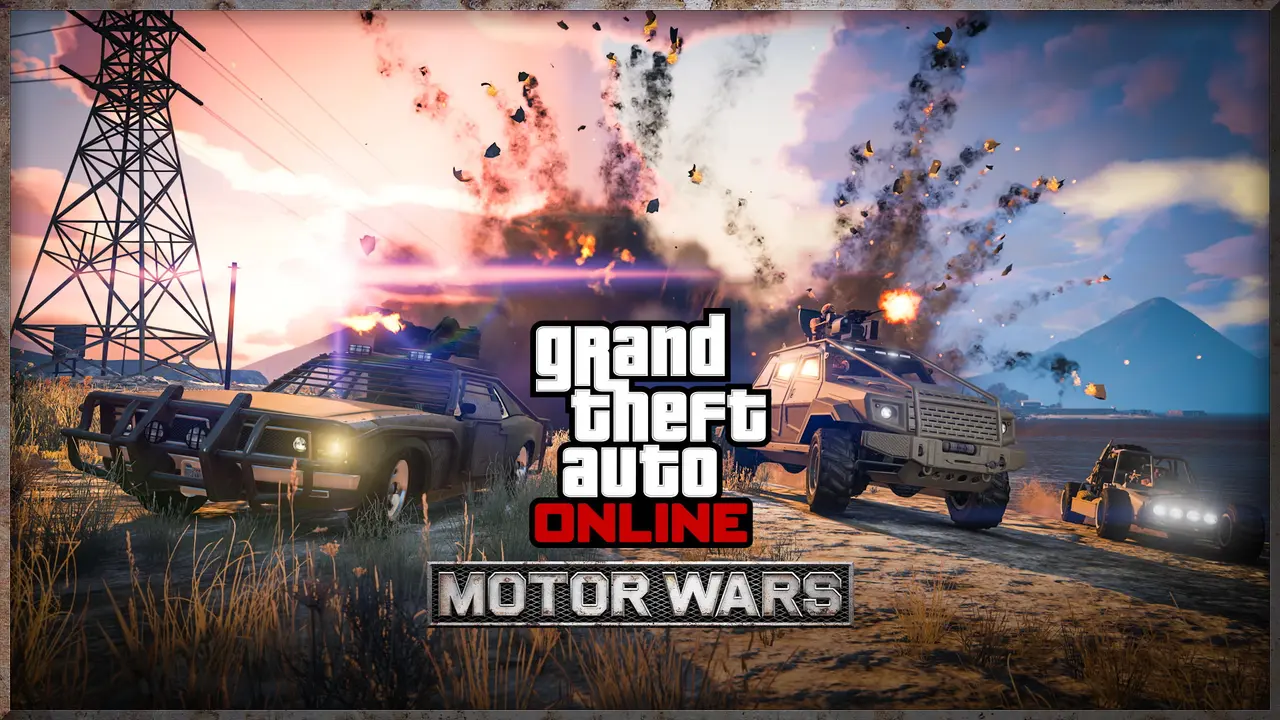 Motor Wars key art: armed vehicles, an armored pickup with a turret and a muscle car, tear across a desert plain as an explosion throws debris into the dusk sky
