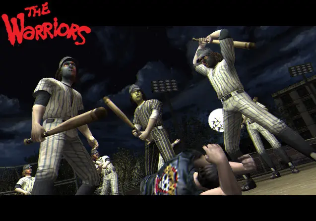 The Baseball Furies, a gang in striped baseball uniforms and painted faces, brandishing bats at night, official screenshot from the game The Warriors