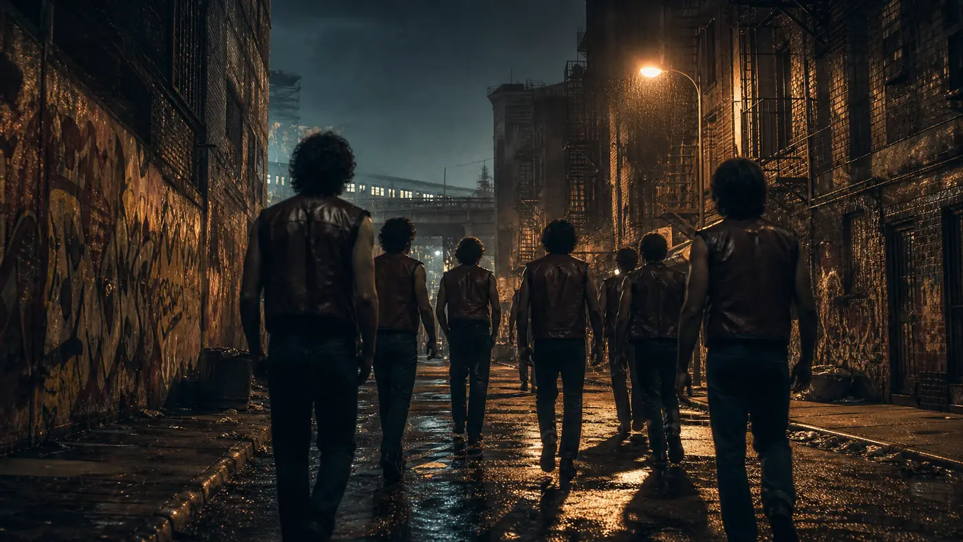 A street gang in sleeveless leather vests walks away from the camera down a Bronx alley at night, an elevated subway line and fire-escape tenement buildings in the background, a cinematic mood inspired by the 1979 film The Warriors