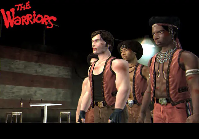Three Warriors members in their hideout, sleeveless leather vests, one wearing a feathered necklace, an American flag on the wall, official screenshot from the game The Warriors