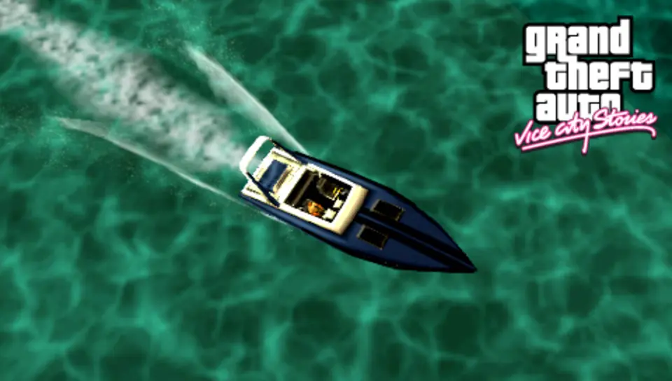 Navy blue and white speedboat seen from above, speeding across a turquoise sea and leaving a foamy wake, Grand Theft Auto Vice City Stories logo in the top right