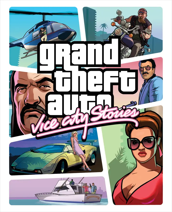 Official Grand Theft Auto Vice City Stories artwork in panels around the game's logo: a blue and white helicopter with an armed man in the doorway, a bearded biker, the large face of a bald man with a mustache, a man in tinted glasses and a blue shirt, a yellow sports car with a woman in a dress, a yacht, and in the foreground a dark-haired woman in sunglasses