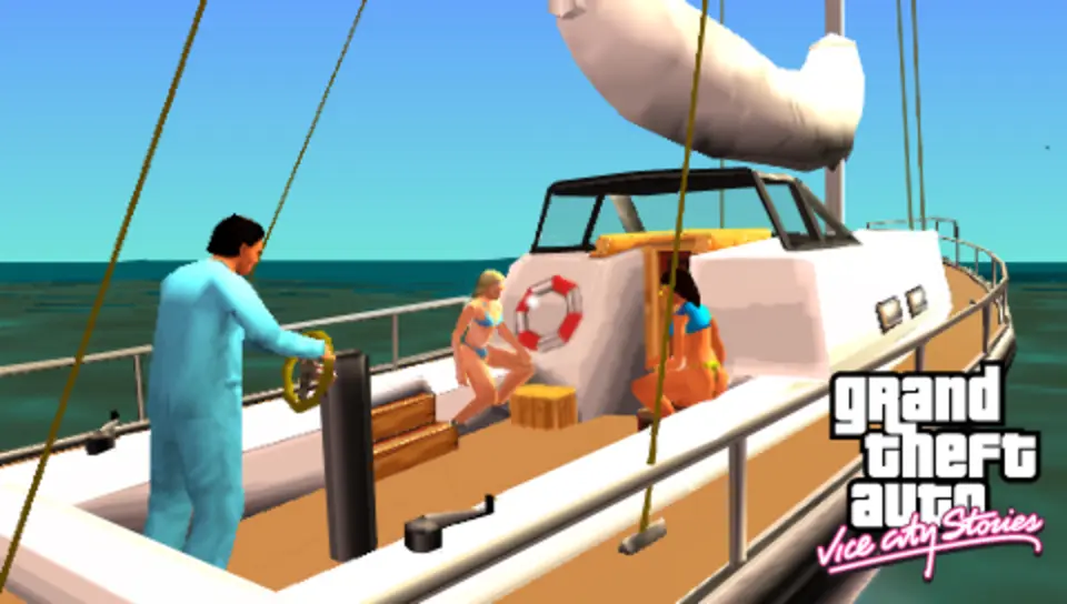 Man in a sky-blue suit at the helm of a white sailboat, two women in bikinis sitting on deck, turquoise sea in the background, Grand Theft Auto Vice City Stories logo in the bottom right